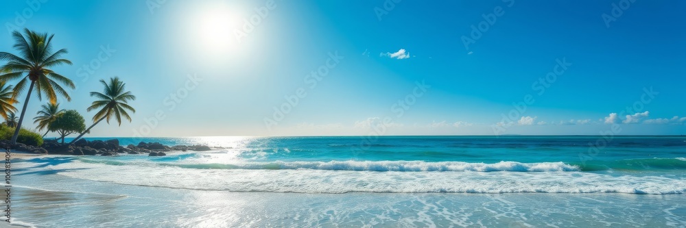 A vibrant and colorful beach scene with palm trees, lounge chairs, umbrellas, and crystal clear blue water under a clear sky, sand, leisure A vibrant and colorful beach scene with palm trees, lounge chairs, umbrellas, and crystal clear blue water under a clear sky, sand, leisure