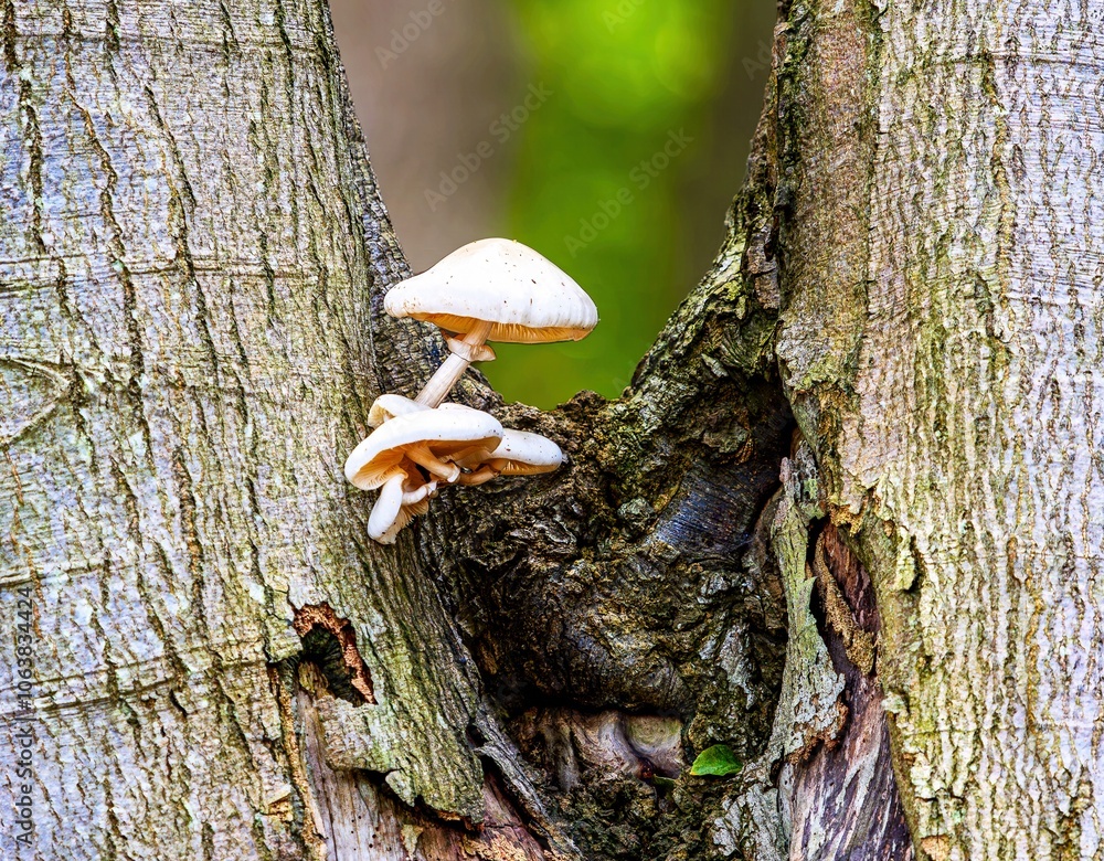 Macro shot of small mushrooms sprouting in the forest in autumn
