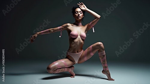 Model in fashion tape outfit, captured in a dynamic pose that emphasizes movement and modern style