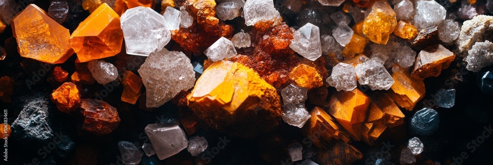 A mesmerizing close-up of a vibrant cluster of minerals, showcasing a captivating interplay of colors, textures, and shapes. The cluster features a variety of minerals, including orange, white, and br A mesmerizing close-up of a vibrant cluster of minerals, showcasing a captivating interplay of colors, textures, and shapes. The cluster features a variety of minerals, including orange, white, and br