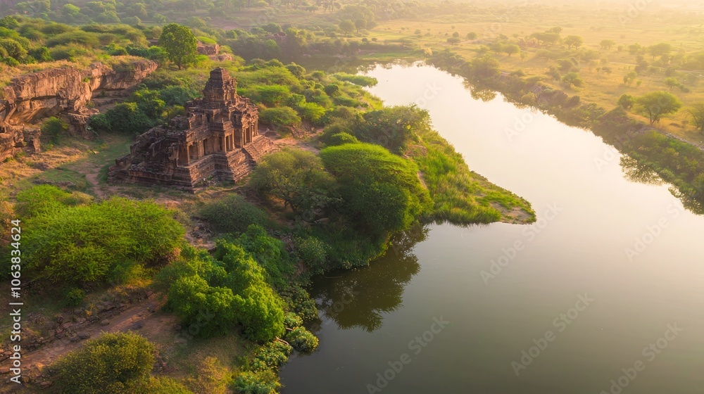 Obraz premium Serene Sunset: Winding River and Ancient Temple | Reflective Waters and Historic Landmark in Nature's Splendor