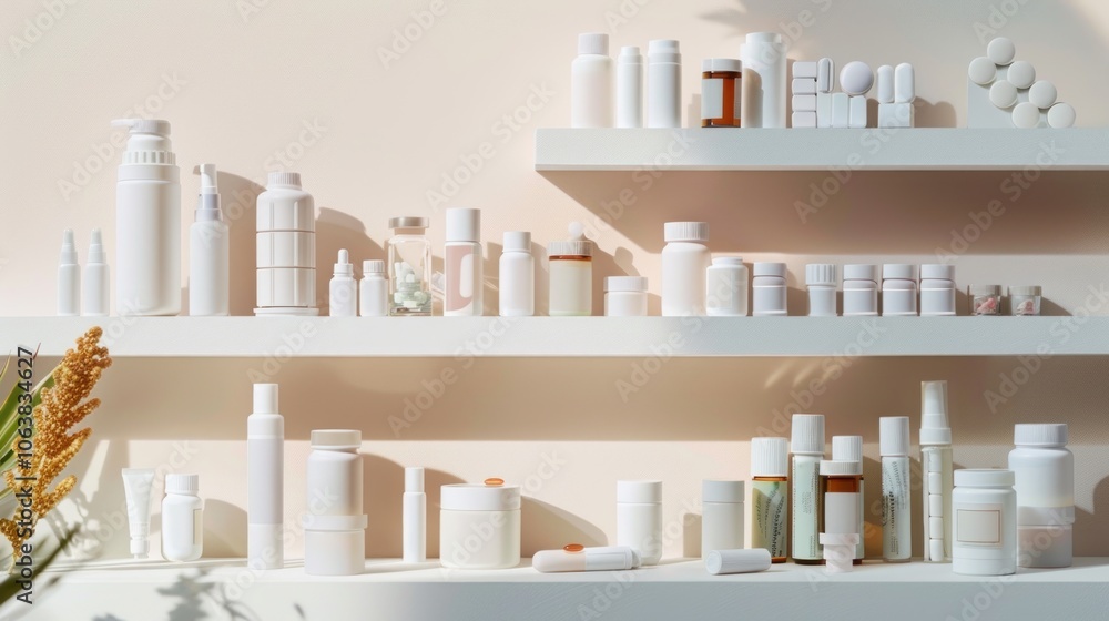 White bottles and jars of skincare products, medicine, and toiletries on white shelves against a light beige wall. White bottles and jars of skincare products, medicine, and toiletries on white shelves against a light beige wall.