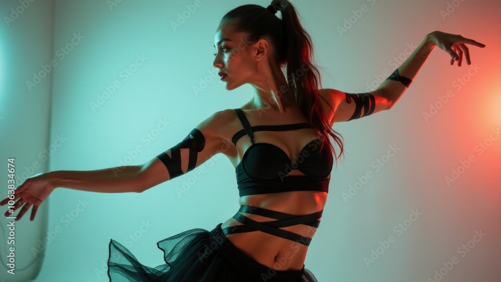 Woman dressed in tape design, posing gracefully to showcase contemporary fashion and minimalist style Woman dressed in tape design, posing gracefully to showcase contemporary fashion and minimalist style