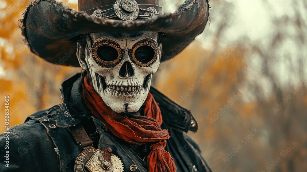 A man wearing a skull mask and a cowboy hat with steampunk goggles stares intensely at the camera in an autumnal forest. A man wearing a skull mask and a cowboy hat with steampunk goggles stares intensely at the camera in an autumnal forest.