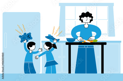 Adult working in the kitchen while kids play