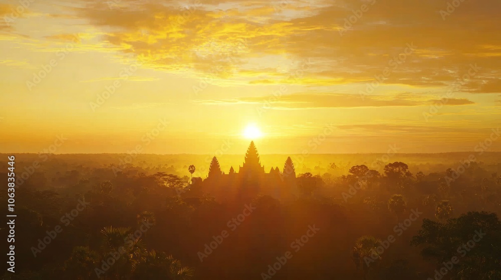 Fototapeta premium Mystical Temple in Enchanting Sunset Jungle - Nature Exploration and Adventure