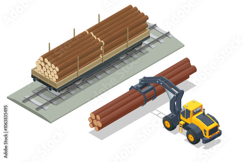 Isometric freight train loaded with pine trunks showcases a powerful locomotive hauling timber along the railway platform. Railway freight wagons, railway platform for timber transportation.