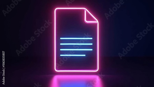 A neon sign of a document with blue lines inside on a dark background.