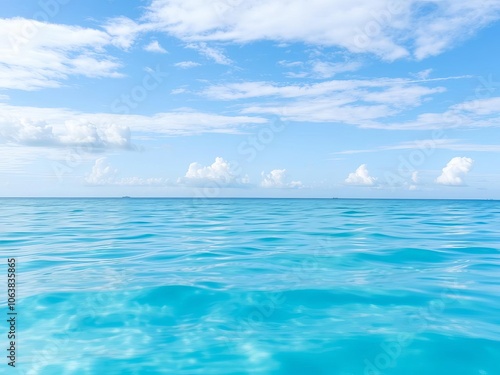 A serene ocean background with calm turquoise waters and a clear blue sky, sky, horizon