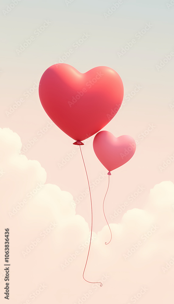 Heart-shaped balloons in soft pink and red floating romantic love concept against dreamy pastel sky with copy space Heart-shaped balloons in soft pink and red floating romantic love concept against dreamy pastel sky with copy space