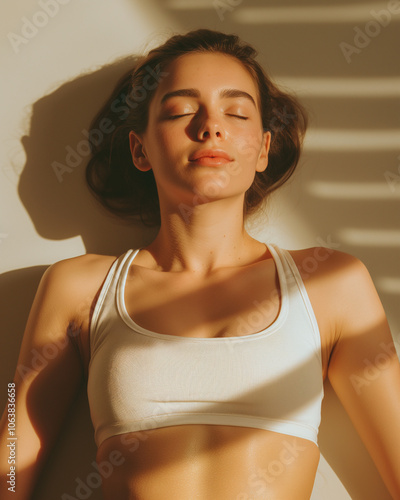 Young woman in shavasana yoga pose, serene mood, relaxing in sunlight with shadows