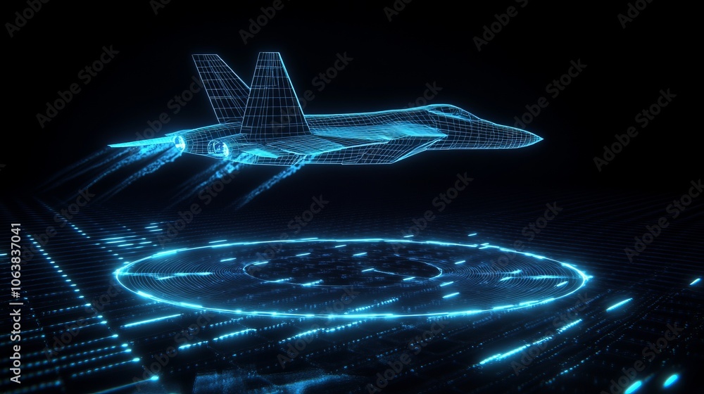 Futuristic Jet Fighter in Digital Art: Glowing Wireframe Design Stock ...