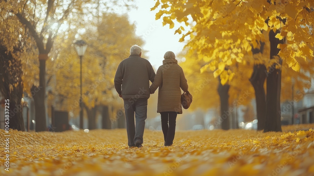 A senior couple walks hand in hand through an autumnal park, with ...