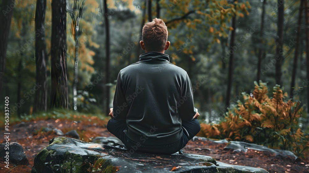 Man Meditating in Peaceful Autumn Forest Landscape Man Meditating in Peaceful Autumn Forest Landscape