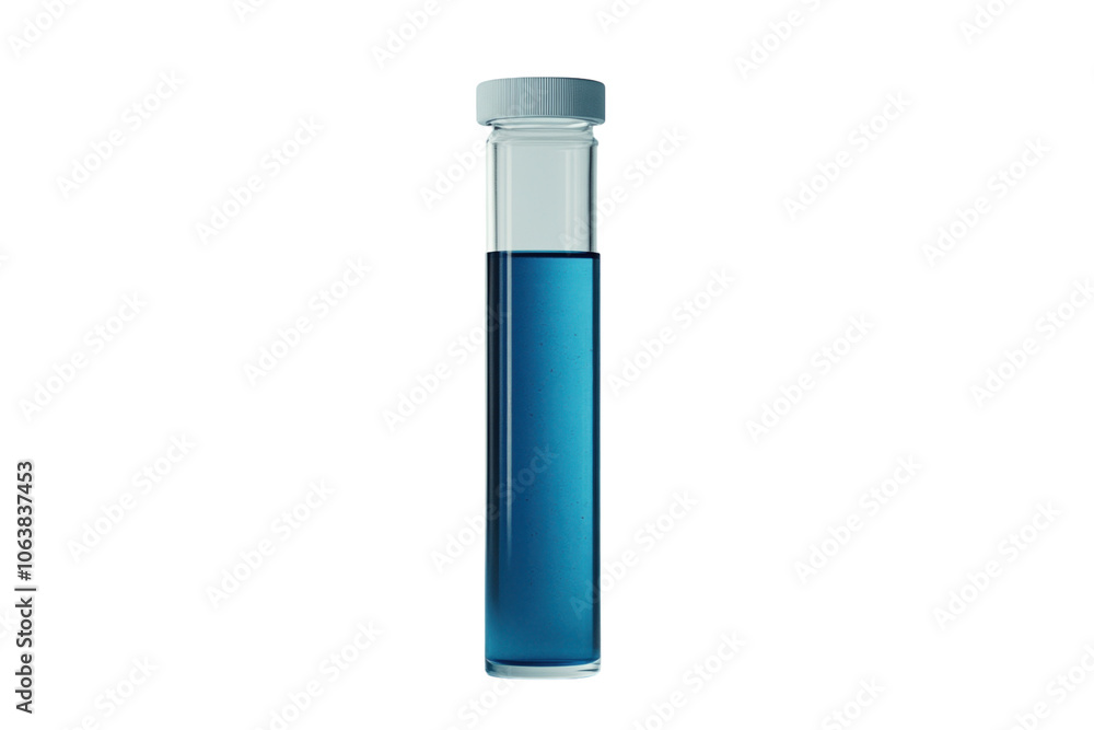 Glass test tube with blue liquid, upright, white background. PNG transparent. Glass test tube with blue liquid, upright, white background. PNG transparent.