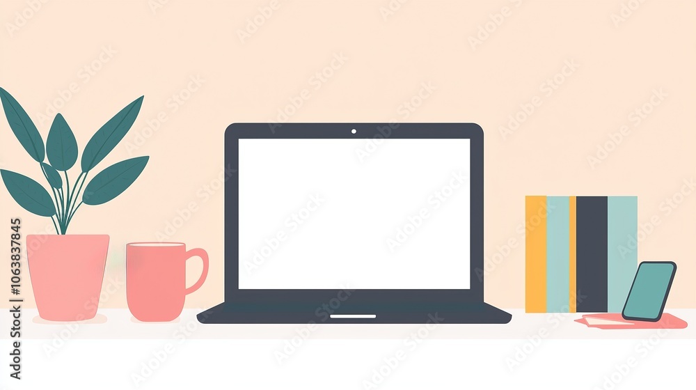 Cartoon laptop with smartphone and plant on shelf. Cartoon laptop with smartphone and plant on shelf.