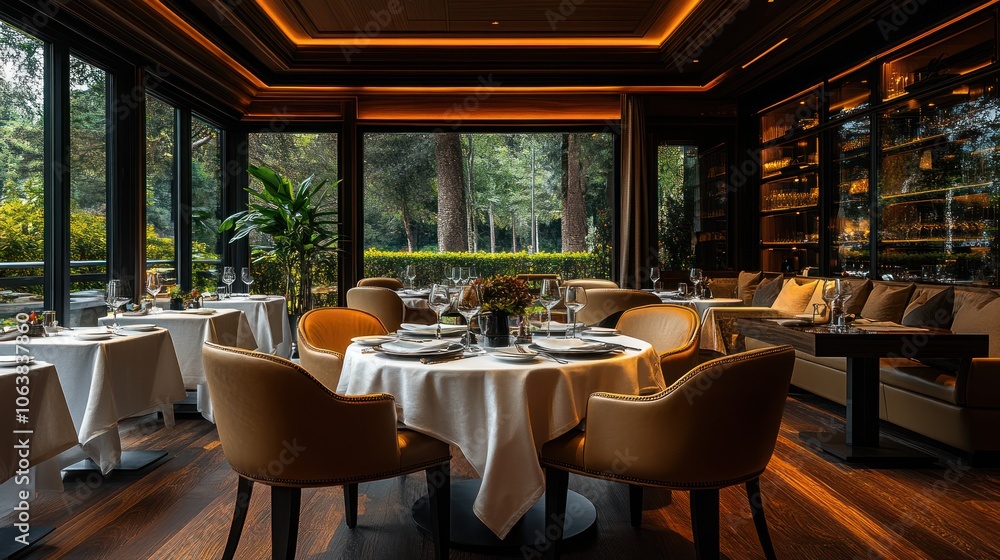 Obraz premium A modern restaurant interior with large windows overlooking a lush green garden. The tables are set with white linens and silverware, and the chairs are upholstered in a warm brown leather. 