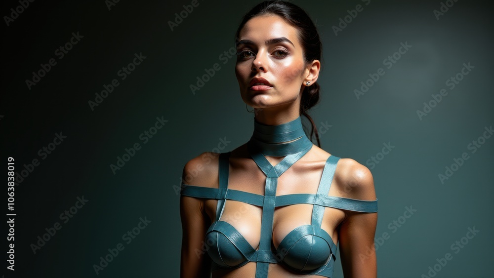 Obraz premium Elegant tape art design on woman’s body, showcasing a mix of minimalism and sophistication
