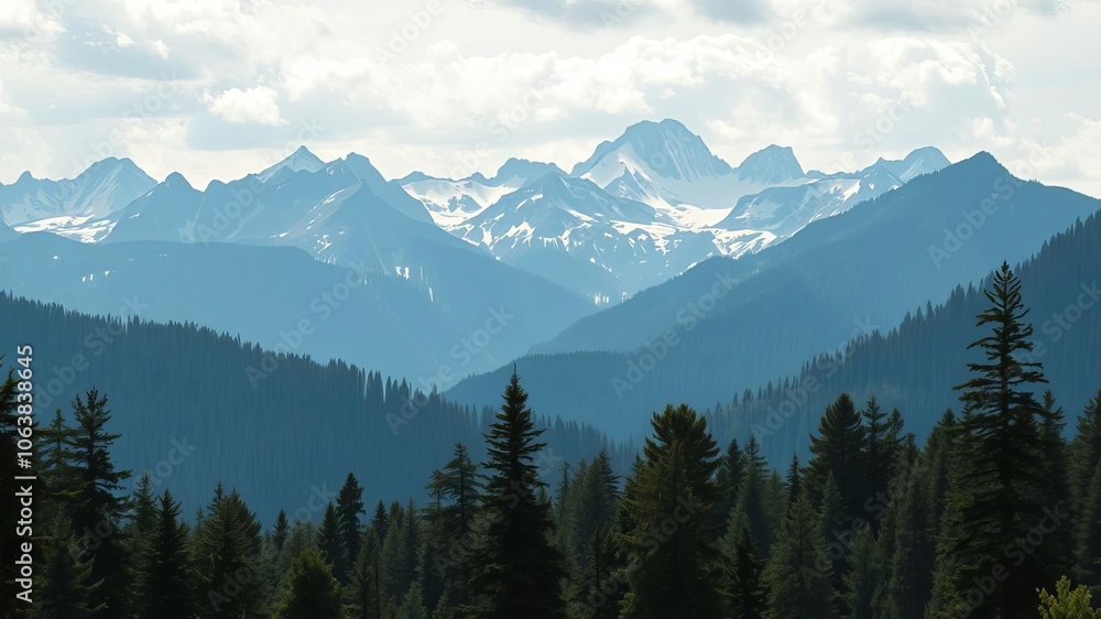 A majestic mountain range covered in snow and surrounded by a lush green forest, nature, scenic A majestic mountain range covered in snow and surrounded by a lush green forest, nature, scenic