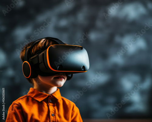 A young student is engrossed in an educational VR experience, exploring new worlds and learning through immersive technology. This image symbolizes innovation, education, future, technology, and explo photo