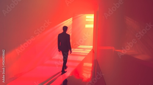 Mysterious Silhouetted Figure in Eerie Red Lit Hallway