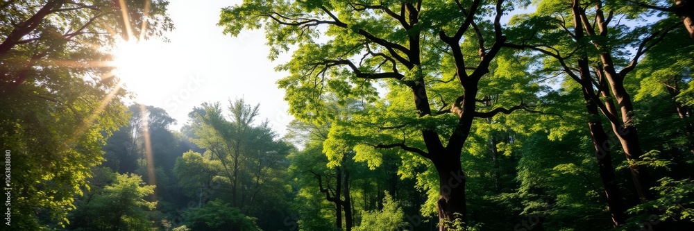 Fototapeta premium A lush green forest with tall trees and sunlight filtering through the leaves, creating a serene and peaceful atmosphere, lush, sunlight