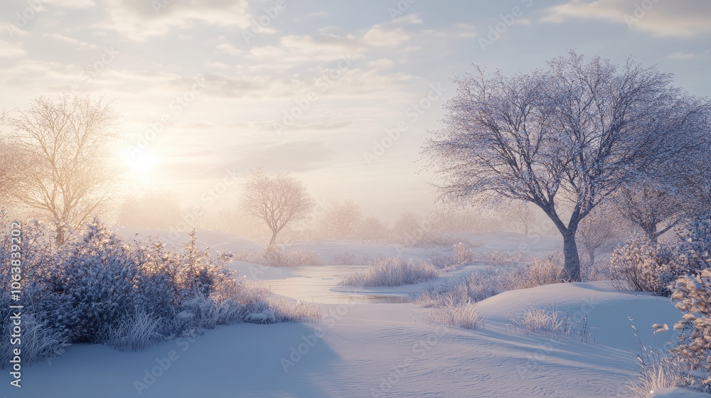 A tranquil winter scene with a snow-covered landscape and frozen trees, creating a serene atmosphere of icy beauty. A tranquil winter scene with a snow-covered landscape and frozen trees, creating a serene atmosphere of icy beauty.