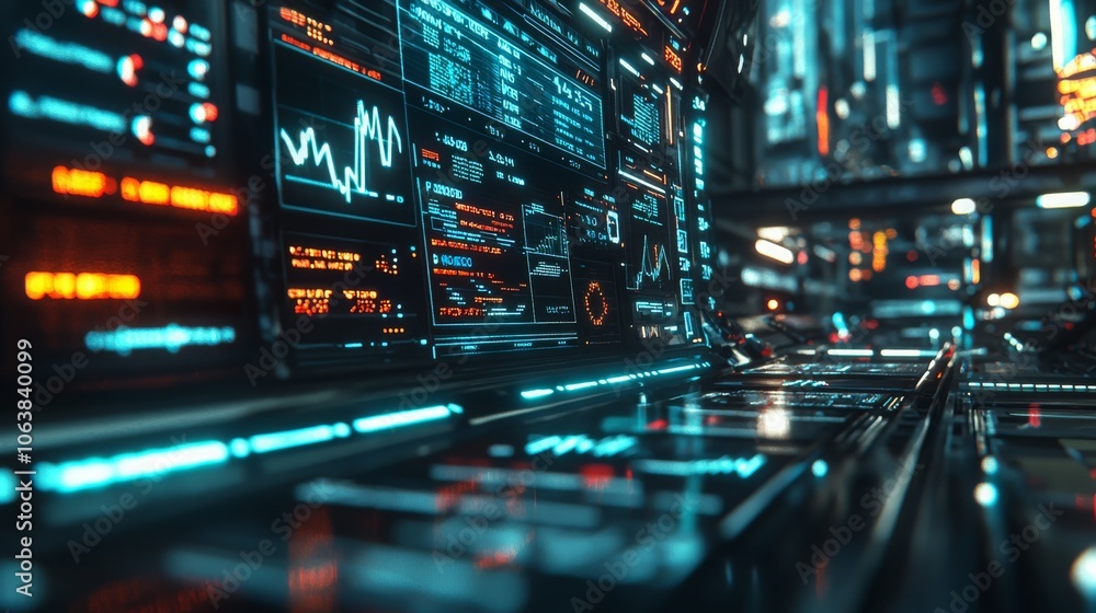 A futuristic interface with glowing blue and orange lines, displaying data and graphs. A futuristic interface with glowing blue and orange lines, displaying data and graphs.