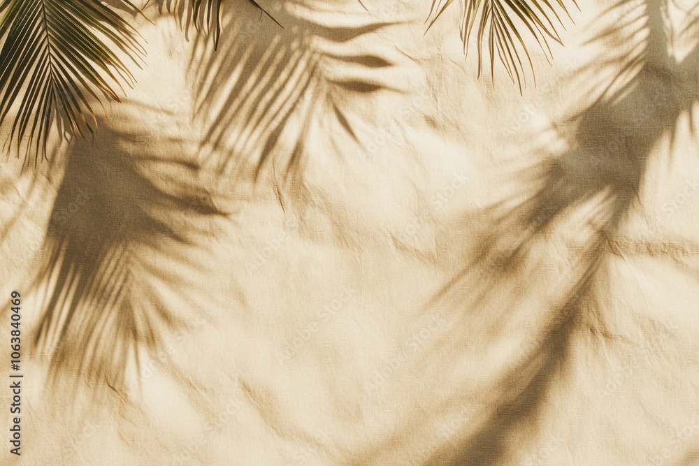 Fototapeta premium 植物の影が映る温かい壁の背景で、日差しを感じるリラックスした瞬間