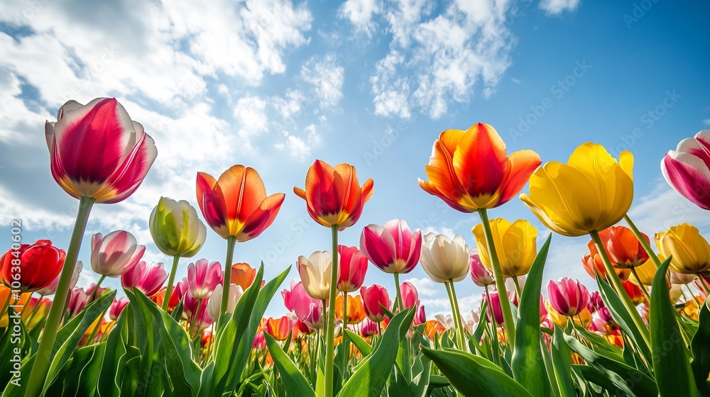 Vibrant Tulip Field Under a Sunny Sky Vibrant Tulip Field Under a Sunny Sky