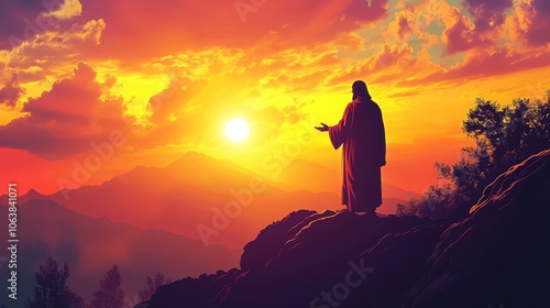 Silhouette of jesus preaching a powerful sermon at sunset on a mountain, embodying spirituality