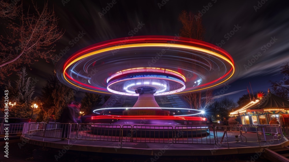 Obraz premium Bright light trails stream from the top of a loopdeloop ride catching the eye of passersby.