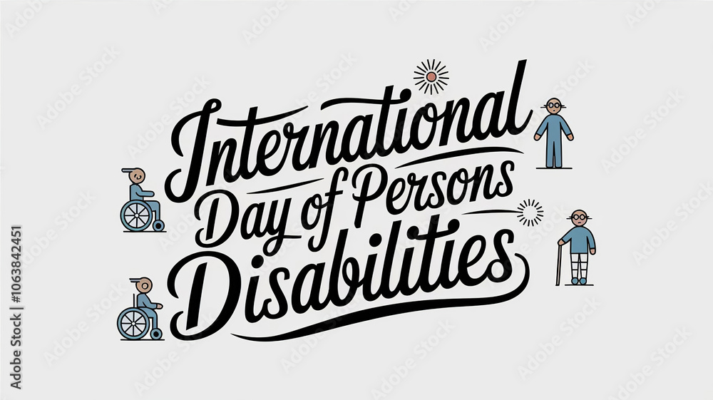 Fototapeta premium International Day of Persons with Disabilities letterind banner with wheelchair, person with glasses and a person with a cane, calligraphy poster, generative AI