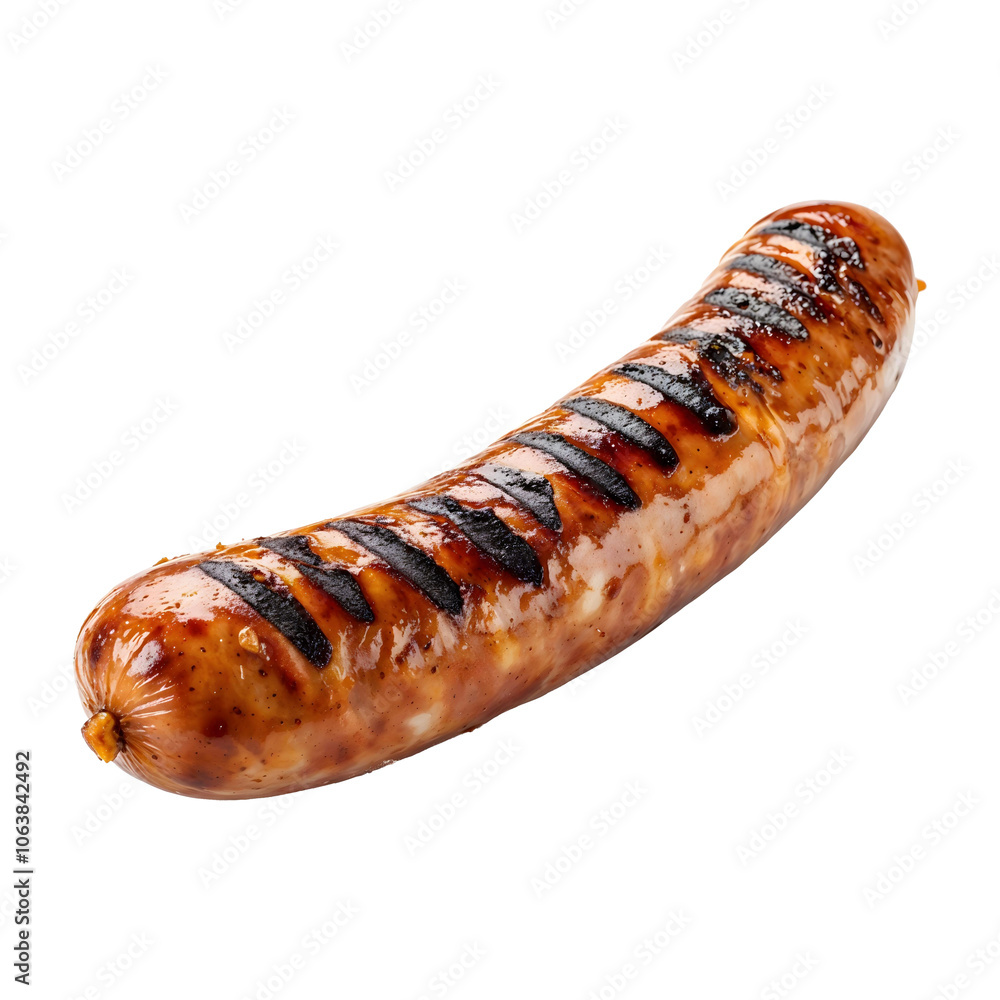 Highly realistic advertising photo of a grilled sausage isolated on transparent background