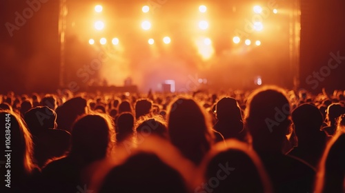 Vibrant outdoor concert scene with a large crowd illuminated by stage lights in a dark setting