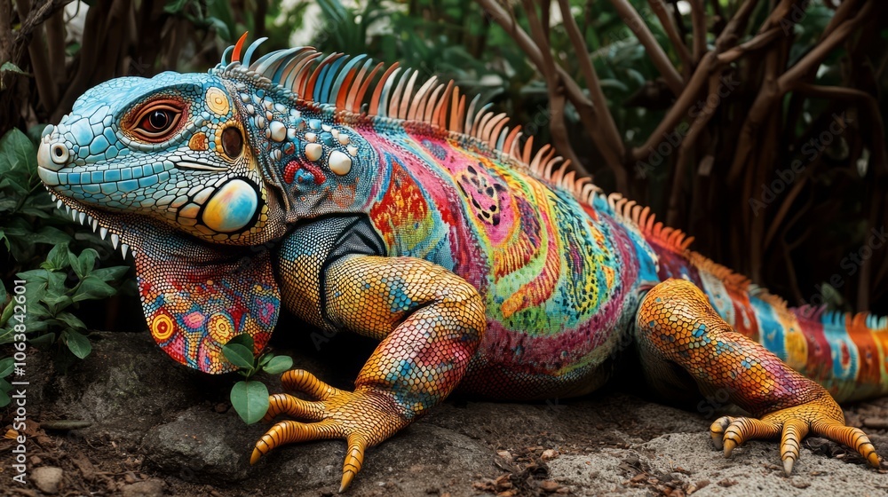 close-up iguana with colours close-up iguana with colours