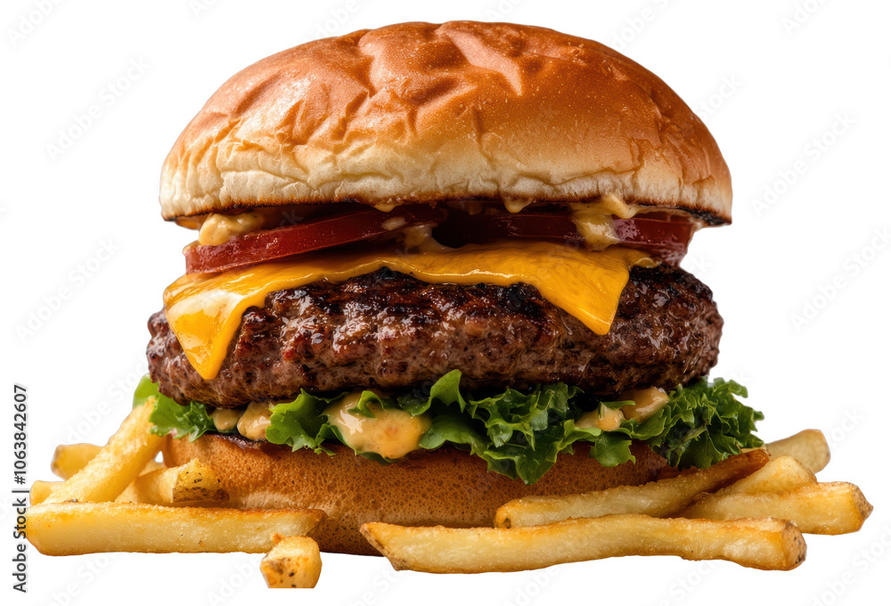 Indulge in a juicy cheeseburger served with crispy french fries for the ultimate fast food experience transparent background Indulge in a juicy cheeseburger served with crispy french fries for the ultimate fast food experience transparent background