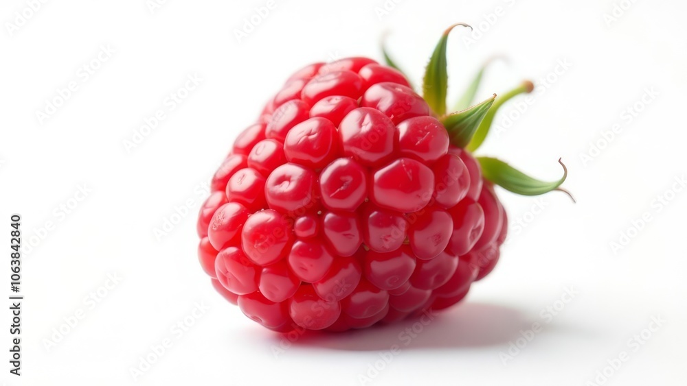 A red raspberry is shown on a white background A red raspberry is shown on a white background