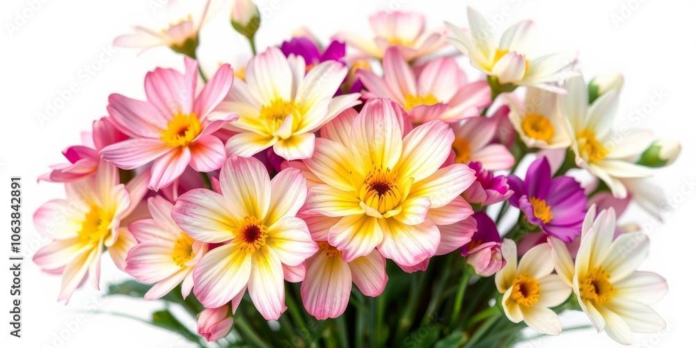 A beautiful bouquet of various colorful flowers in full bloom, scattered on a white background, vibrant, decorative A beautiful bouquet of various colorful flowers in full bloom, scattered on a white background, vibrant, decorative