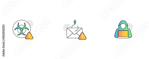 Cybersecurity Threats. Icons Included: Unauthorized Access, Phishing Email, Biohazard Alert