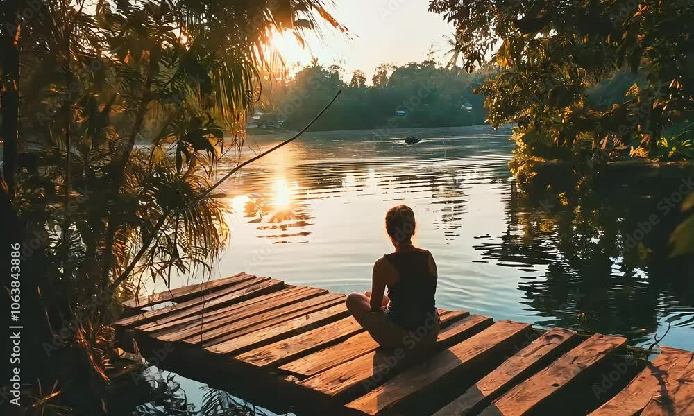 Peaceful Sunset Reflection: A solitary figure finds serenity on a wooden dock as the sun sets over a tranquil lake, casting a golden glow on the water and creating a serene atmosphere. 