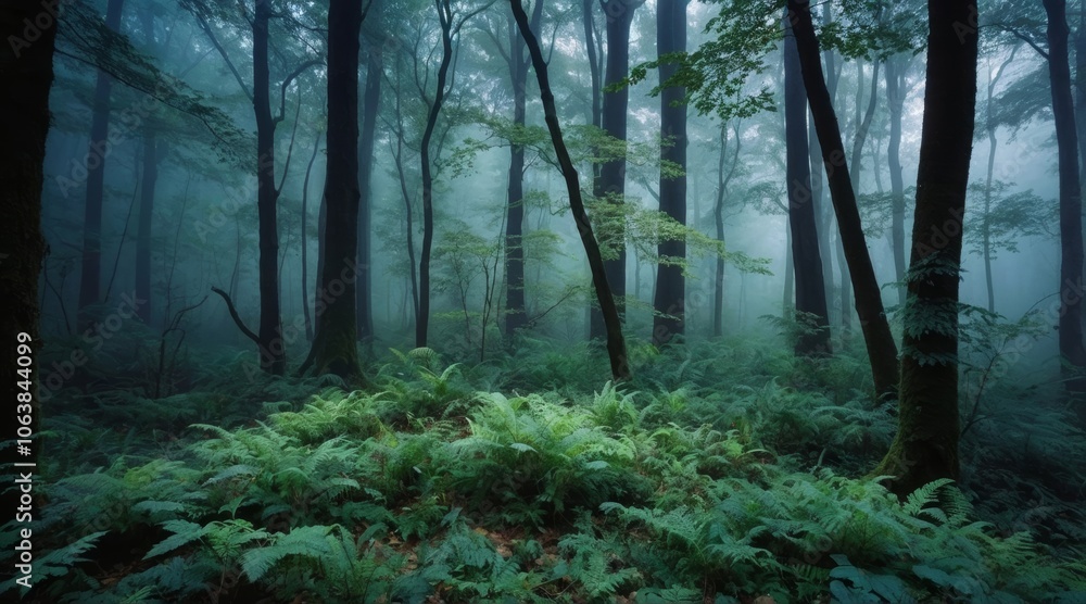 Obraz premium A mystical autumn forest shrouded in morning fog