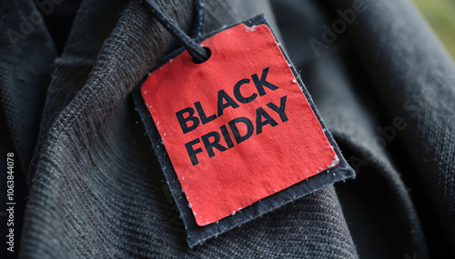 Fashion item showcasing a creative Black Friday tag designed for enthusiastic November shoppers. photo