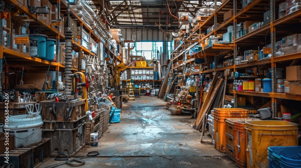 A cluttered warehouse with shelves full of various items, including tools, paint, and other supplies. A cluttered warehouse with shelves full of various items, including tools, paint, and other supplies.