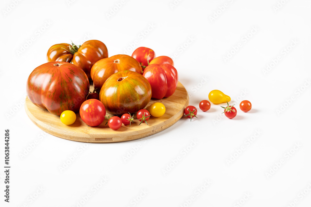 Red, green, yellow and striped tomatoes on a wooden cutting board on a light gray background with a place for text. Healthy food, fresh healthy vegetables from the garden