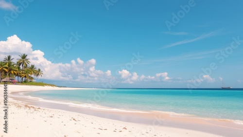 A vibrant beach scene with colorful umbrellas and lounge chairs overlooking crystal clear turquoise waters, sea, paradise