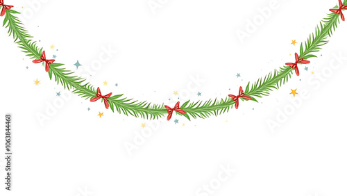 A vector illustration features a Christmas tree garland with green fir branches surrounded by festive decorations against a white background