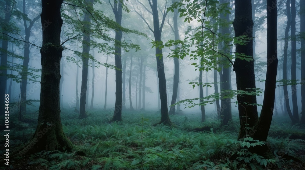 Obraz premium A mystical autumn forest shrouded in morning fog