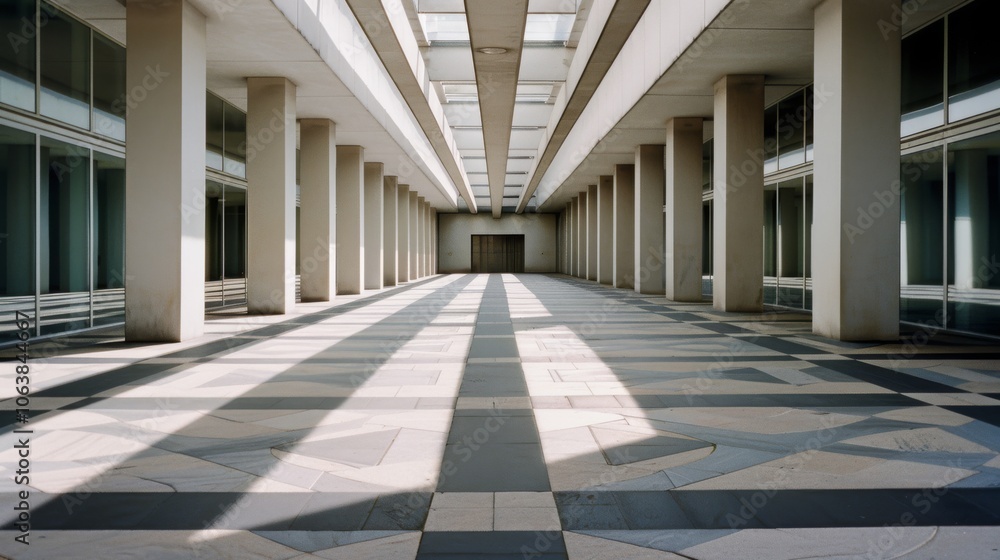 Sunlight streams into a grand hallway with striking columns and patterned flooring, invoking a sense of architectural grandeur and symmetry. Sunlight streams into a grand hallway with striking columns and patterned flooring, invoking a sense of architectural grandeur and symmetry.