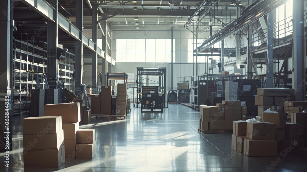 A large warehouse with a forklift and boxes. A large warehouse with a forklift and boxes.